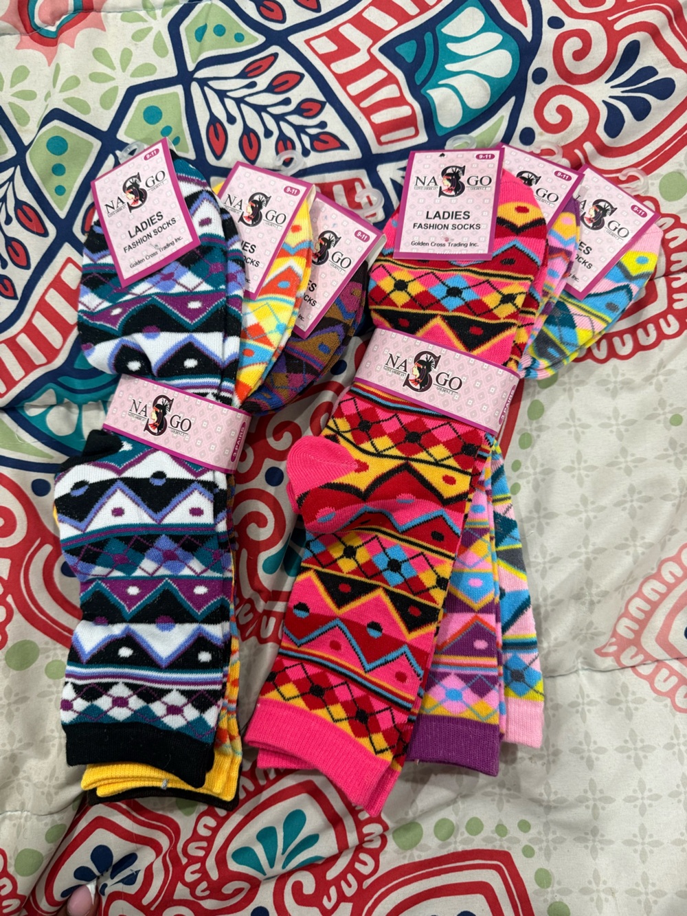 Ladies Fashion Socks - Bright Patterned Crew Socks (Pink, Purple, Black, Yellow)